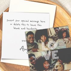 two greeting cards, one with an image of people and the other with words on them