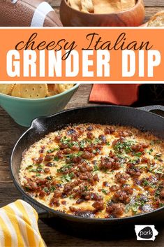 a cheesy italian grinder dip in a cast iron skillet