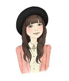 a drawing of a girl with long hair wearing a pink jacket and black hat,