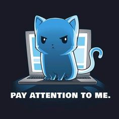 a blue cat sitting on top of a laptop with the words pay attention to me