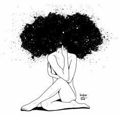 a black and white drawing of a woman with an afro sitting on the ground, her hair blowing in the wind