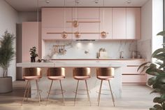 a kitchen with pink cabinets and gold stools in front of a marble counter top