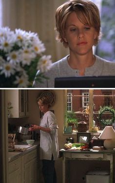 two pictures one showing a woman and the other shows a man in kitchen with flowers