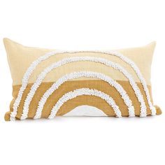 a yellow and white pillow with beading on it