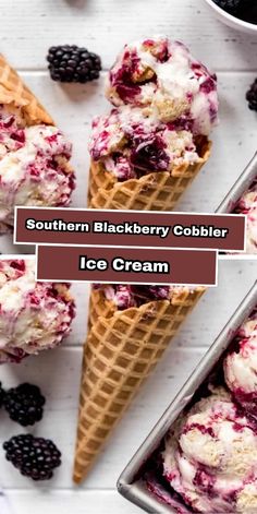 three scoops of blackberry cobbler ice cream next to blackberries on a white table