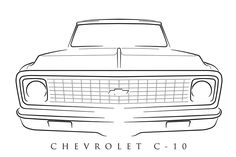 the front end of a chevrolet c - 10 car in black and white, with the word