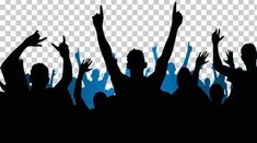 silhouettes of people raising their hands in the air at a concert, with blue and black background