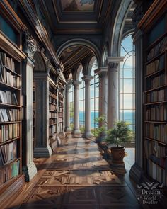 an artist's rendering of a library with bookshelves and potted plants