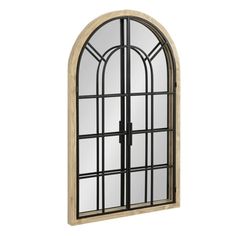 an arched window with glass and wood trims on the outside, against a white background