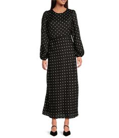 From ASTR the Label&#x2C; this dress features:Dotted printCrew necklineLong sleevesLinedBack button/zipper closureApprox. 54" lengthPolyesterDry cleanImported. Black Long-sleeve Dresses With Blouson Sleeves, Black Midi Dress With 3/4 Sleeve, Printed White Long-sleeved Midi Dress, Black Midi Dress With Floral Print And 3/4 Sleeve, Casual Wedding Guest Dresses, Luxury Black Midi Dress With 3/4 Sleeves, Astr The Label, Contemporary Dresses, Daytime Dresses