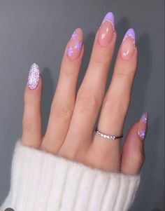 Lilac Nails Design, Purple And Silver Nails, Light Purple Nails, Quinceanera Nails, Violet Nails, Purple Glitter Nails, Purple Acrylic Nails