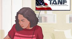 a woman sitting at a desk with headphones in her hands and an american flag on the wall behind her