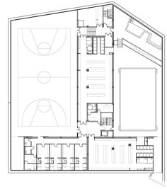 the floor plan for an indoor basketball court, with two courts and several seating areas