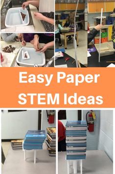 several pictures of kids playing with paper and plastic items in the classroom, including bookshelves