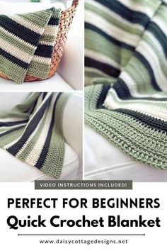 crocheted blanket with text that reads perfect for beginners quick crochet blanket