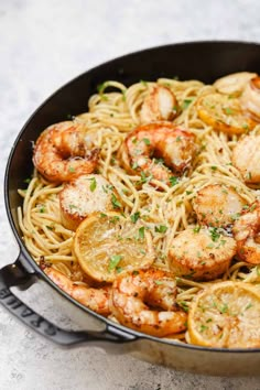 shrimp and lemon pasta in a skillet