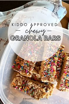 a plate with granola bars on it and the words kido approved chewy granola bars