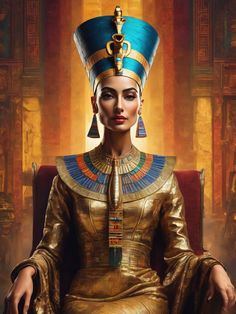 an egyptian woman sitting in a chair with her hands on her hips and wearing gold jewelry