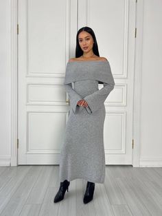 Grey Stunning off the shoulders knitted dress. A-Line knit sweaterdress maxi length. Floor warm winter dress for women. Material: 50% cotton, 50% viscose Colours: Grey, Black SIZE/LENGTH: XS-S 125 cm S-M-125cm L-XL-125 cm The material is stretchy Model on the Foto  168cm-66,14'', S size PRODUCT CARE  - It is recommended to handwash 30oC. -twist carefully  Feel Free to Ask Any Question about Sizing and Fit. FREE DELIVERY WORLWIDE! Winter Dress For Women, Warm Winter Dresses, Women Silk Dress, Warm Dress, Matching Skirt Set, Wool Knitted Dress, Pink Satin Dress, Boho Hippie Dress, Dress Trendy