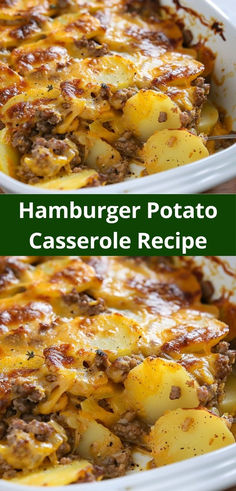 hamburger potato casserole recipe with cheese and ground beef in a white baking dish