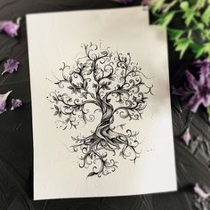 a drawing of a tree with swirls on it and purple flowers in the background