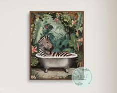 a zebra sitting in a bathtub surrounded by tropical plants and flowers on the wall