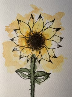 a drawing of a yellow sunflower with green leaves