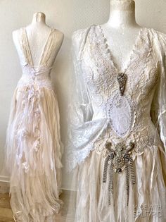 Bohemian Wedding dress in a beautiful delicate look ,bridal gown romantic, wedding dress antique lace,beach wedding dress,wedding dress lace,vintage inspired.. Skirt is tulle pieces in a fairy look . Length can be adjusted on request . There is lace up in the back , which Will adjust the dress according to your body figure . Will fit sizes Xs, s, m ,L READY MADE RAW RAGS wedding dress, the dress you will receive is the one of a kind dress, shown in the photo .Size will be adjusted according to y Bohemian Fitted Lace Dress With Lace Bodice, Floor-length Lace Patchwork Dress For Wedding, Fitted Lace Dress For Beach Wedding, Bohemian Lace Fitted Gown, Floor-length Wedding Gown With Lace Patchwork, Ethereal White Lace Dress, Bohemian White Gown For Beach Wedding, Bohemian Lace Dress With Scalloped Lace For Wedding, Bohemian White Dress With Lace Back