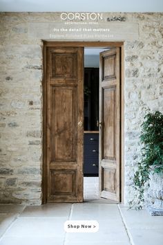 Brass T-Bar handles mounted on a rustic double door. Entrance Hallways, Minimal Rustic, Entry Tile, Elevated Homes, European Doors, Barn Interior, Brass Door Handles, Minimal House Design, Stone Cottage