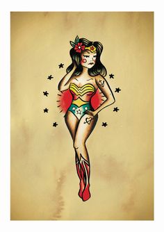 Wonder Woman Pinup, Pop Art Tattoos, Pin Up Girl Tattoo, Pop Art Vintage, Kunst Tattoos, Cross Tattoos