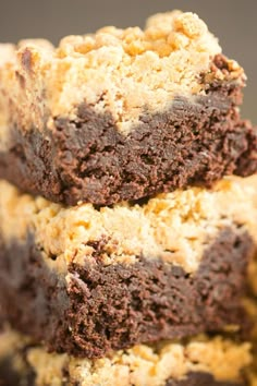 three pieces of brownie stacked on top of each other