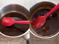 two pictures side by side showing sauce being stirred in a pot with a red spoon