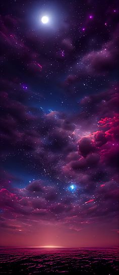 the night sky is filled with stars and bright pink clouds, as well as purple hues