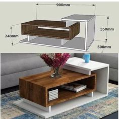 a coffee table with drawers is shown next to the measurements for each piece of furniture