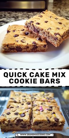 quick cake mix cookie bars on a white plate with text overlay that reads quick cake mix cookie bars