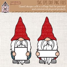 two gnomes with red hats and white beards are holding a blank sign in their hands