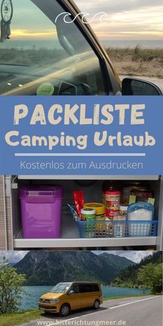 a yellow van parked on the side of a road next to a blue sign that says packliste camping urlaub