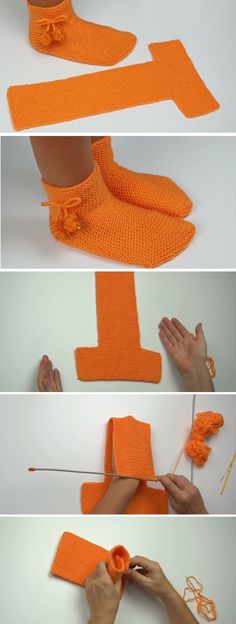 an orange knitted object being made with yarn