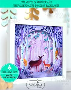 an image of a deer in the woods with trees and flowers on it, surrounded by paper cut outs