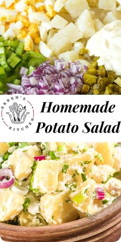 homemade potato salad in a wooden bowl with text overlay that reads homemade potato salad