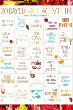 the 30 days of fall activities for kids to do with autumn leaves and pumpkins