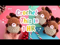 crochet christmas ornament with three reindeers and candy cane on it