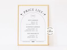 the price list for candles is displayed in front of a white wall