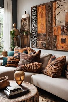 a living room filled with lots of furniture and pillows on top of a white couch