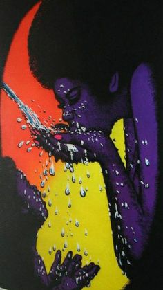 a painting of a woman spraying water on her face with an orange and yellow background