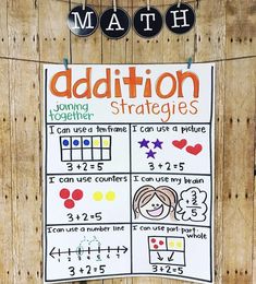 an addition strategy poster hanging on a wooden wall