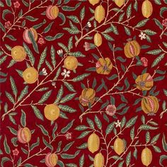 a red background with yellow and green fruit on it's branches, surrounded by leaves and flowers