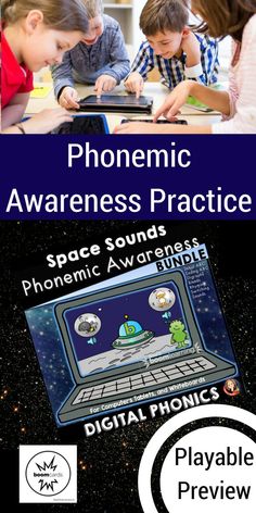 some children are playing with electronic devices in the classroom and text reads, phonemic awareness practice