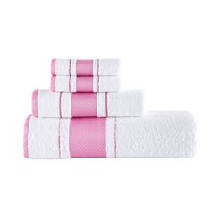 three towels stacked on top of each other in pink and white stripes, with one towel folded