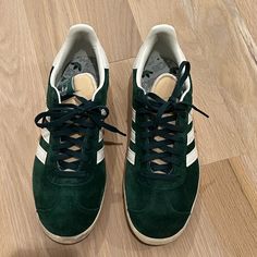 Adidas Gazelle Shoes Dark Green Worn Twice Us 8 (Men’s) Adidas Lace-up Sneakers With Leather Sole, Adidas Leather Sole Lace-up Sneakers, Adidas Casual Sneakers With Leather Sole, Adidas Gazelle Green, Adidas Gazelle Shoes, Gazelle Shoes, Shoes Adidas, Green Shoes, Shoes Color